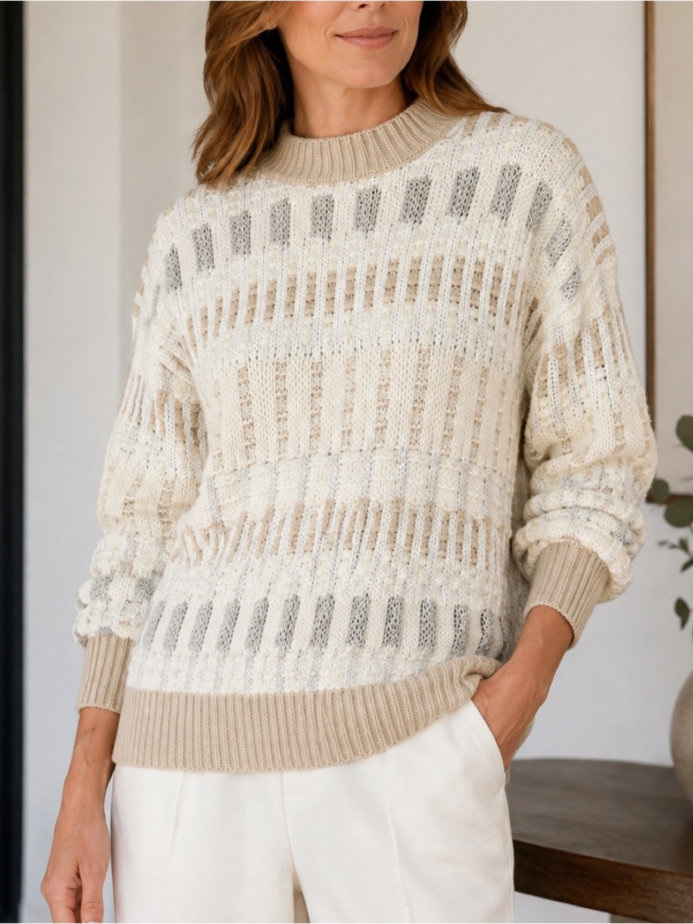 Lafayette 148 New York Stripe Mixed Stitch Chunky Knit Cream Crewneck Sweater XS